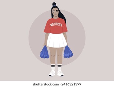 A spirited young cheerleader, clad in a college uniform, enthusiastically holds blue pompoms, leading a supportive team in cheering for their sports event