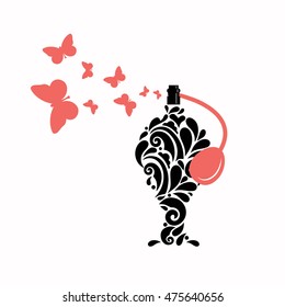 Spirits logo, decorative bottle, butterfly, floral fragrance