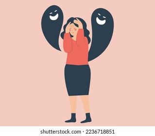 Spirits whisper or hiss to a woman with dissociative identity disorder. Girl with Schizophrenia symptoms looks scared tries to hide her face. Concept of Split Personality or mental health disorder