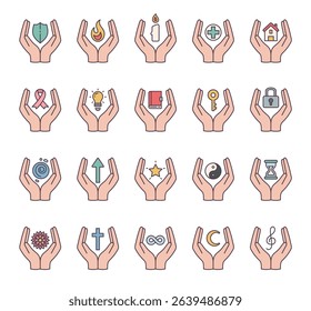 Spiritual abstract symbol set of elements with hands, flame, candle, house, key, lock, book, shield, moon, hourglass, star, ribbon, treble clef, mandala, and infinity
