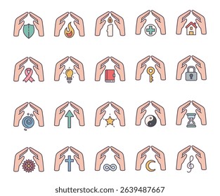 Spiritual abstract symbol set of elements with hands, flame, candle, house, key, lock, book, shield, moon, hourglass, star, ribbon, treble clef, mandala, and infinity