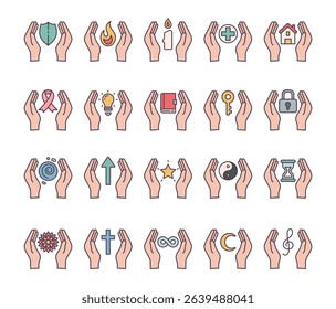 Spiritual abstract symbol set of elements with hands, flame, candle, house, key, lock, book, shield, moon, hourglass, star, ribbon, treble clef, mandala, and infinity