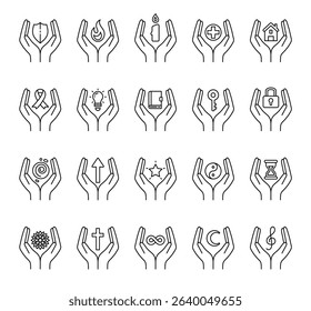 Spiritual abstract symbol set of elements with hands, flame, candle, house, key, lock, book, shield, moon, hourglass, star, ribbon, treble clef, mandala, and infinity