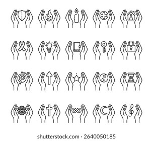 Spiritual abstract symbol set of elements with hands, flame, candle, house, key, lock, book, shield, moon, hourglass, star, ribbon, treble clef, mandala, and infinity