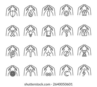 Spiritual abstract symbol set of elements with hands, flame, candle, house, key, lock, book, shield, moon, hourglass, star, ribbon, treble clef, mandala, and infinity