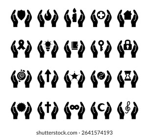 Spiritual abstract symbol set of elements with hands, flame, candle, house, key, lock, book, shield, moon, hourglass, star, ribbon, treble clef, mandala, and infinity