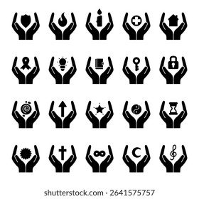 Spiritual abstract symbol set of elements with hands, flame, candle, house, key, lock, book, shield, moon, hourglass, star, ribbon, treble clef, mandala, and infinity
