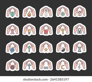 Spiritual abstract symbol set of elements with hands, flame, candle, house, key, lock, book, shield, moon, hourglass, star, ribbon, treble clef, mandala, and infinity