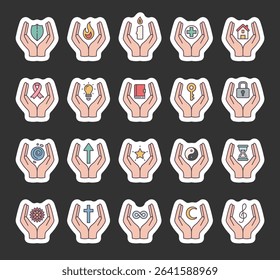 Spiritual abstract symbol set of elements with hands, flame, candle, house, key, lock, book, shield, moon, hourglass, star, ribbon, treble clef, mandala, and infinity