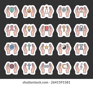Spiritual abstract symbol set of elements with hands, flame, candle, house, key, lock, book, shield, moon, hourglass, star, ribbon, treble clef, mandala, and infinity