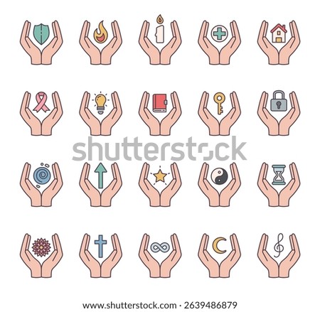 Spiritual abstract symbol set of elements with hands, flame, candle, house, key, lock, book, shield, moon, hourglass, star, ribbon, treble clef, mandala, and infinity