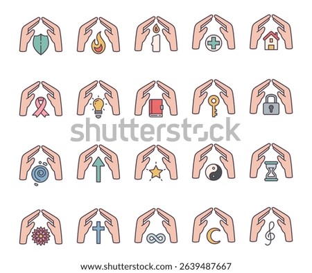 Spiritual abstract symbol set of elements with hands, flame, candle, house, key, lock, book, shield, moon, hourglass, star, ribbon, treble clef, mandala, and infinity