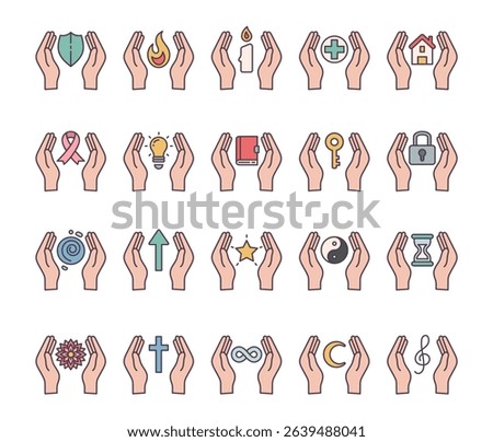 Spiritual abstract symbol set of elements with hands, flame, candle, house, key, lock, book, shield, moon, hourglass, star, ribbon, treble clef, mandala, and infinity
