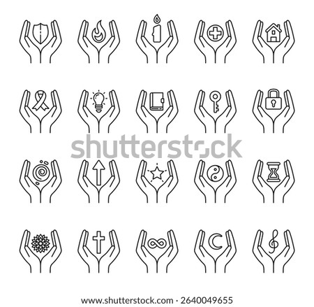 Spiritual abstract symbol set of elements with hands, flame, candle, house, key, lock, book, shield, moon, hourglass, star, ribbon, treble clef, mandala, and infinity