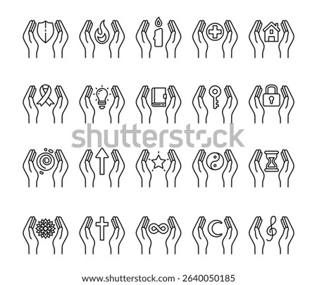 Spiritual abstract symbol set of elements with hands, flame, candle, house, key, lock, book, shield, moon, hourglass, star, ribbon, treble clef, mandala, and infinity