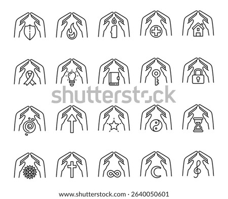 Spiritual abstract symbol set of elements with hands, flame, candle, house, key, lock, book, shield, moon, hourglass, star, ribbon, treble clef, mandala, and infinity