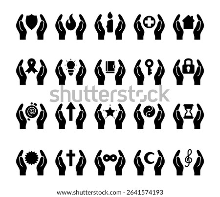 Spiritual abstract symbol set of elements with hands, flame, candle, house, key, lock, book, shield, moon, hourglass, star, ribbon, treble clef, mandala, and infinity