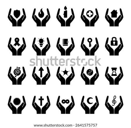 Spiritual abstract symbol set of elements with hands, flame, candle, house, key, lock, book, shield, moon, hourglass, star, ribbon, treble clef, mandala, and infinity
