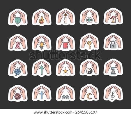 Spiritual abstract symbol set of elements with hands, flame, candle, house, key, lock, book, shield, moon, hourglass, star, ribbon, treble clef, mandala, and infinity