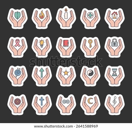 Spiritual abstract symbol set of elements with hands, flame, candle, house, key, lock, book, shield, moon, hourglass, star, ribbon, treble clef, mandala, and infinity