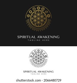 Spiritual Awakening with Flower of Life and 7 Chakra Symbols Logo Design Template. Suitable for Meditation Yoga Studios or Healthcare Medicine Business Brand Company in Simple Line Style Logo Design.