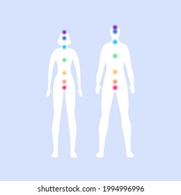 Spiritual awakening and wellness concept. Vector flat people illustration set. Male and female standing silhouette with colorful chakras scheme. Design element.