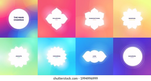Spiritual awakening and wellness concept. Vector flat abstract banner template illustration set. Collection of chakra shape frame on vivid gradient background. Design element.