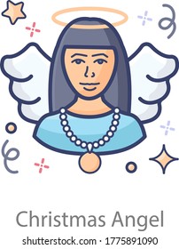 Spiritual being believed to act as an attendant, or messenger of God, christmas angel flat icon design 