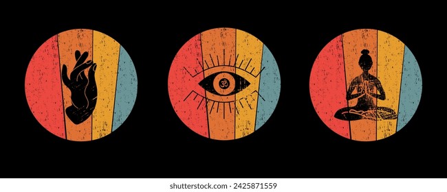 Prácticas espirituales y corporales con afiche horizontal, con Surya Mudra, el símbolo Ojo con Om y la pose de yogin en loto sobre un fondo abstracto saturado de colores y bajo perfil.