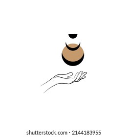 Logo del boho espiritual, elementos de diseño. Concepto de moda, mujer de belleza minimalista. Retrato contemporáneo. Las bustos femeninas y la mujer mágica con luna creciente en ilustraciones vectoriales de estilo lineal boho.