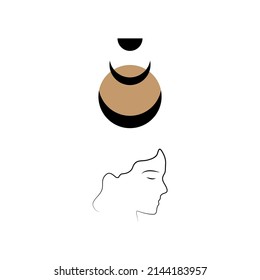 Logo del boho espiritual, elementos de diseño. Concepto de moda, mujer de belleza minimalista. Retrato contemporáneo. Las bustos femeninas y la mujer mágica con luna creciente en ilustraciones vectoriales de estilo lineal boho.