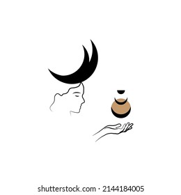 Spiritual boho logo, design elements. Fashion concept, woman beauty minimalist. Contemporary portrait. Female busts and magic woman with moon crescent in boho linear style vector illustrations.