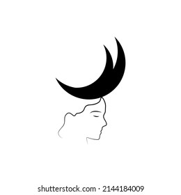 Spiritual boho logo, design elements. Fashion concept, woman beauty minimalist. Contemporary portrait. Female busts and magic woman with moon crescent in boho linear style vector illustrations.