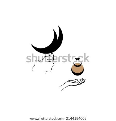 Spiritual boho logo, design elements. Fashion concept, woman beauty minimalist. Contemporary portrait. Female busts and magic woman with moon crescent in boho linear style vector illustrations.