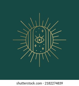 Spiritual boho logo. Sun emblem with stars and eye. Vector design element for magic, esoteric, celestial, astrology, and other themes. Golden line illustration.