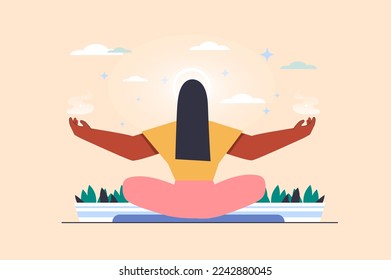 Spiritual development concept with people scene in flat design. Woman sits in lotus position and meditates, develops awareness and mindfulness. Vector illustration with character situation for web