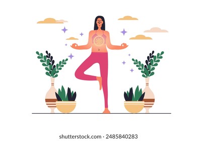 Spiritual development web concept with people scene in flat design. Woman standing in yoga position making meditation and breathing for awareness. Vector illustration with character situation for web