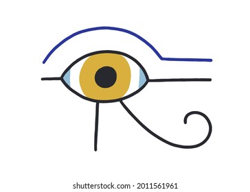 Spiritual Egyptian eye of Ra god. Magic holy ancient symbol of Egypt. Esoteric abstract eyeball in doodle style. Modern flat vector illustration of religious talisman isolated on white background