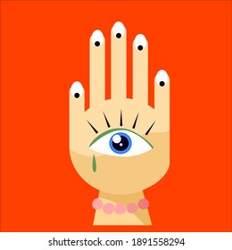 Spiritual esoteric Hamsa hand of Fatima. Bad evil eye prevention. Karma, magical third eye on a red background for print, card, banner, spiritual session.