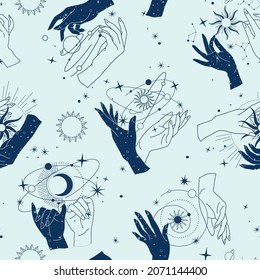 Spiritual esoteric magic logo or talisman with woman hands in silhouette style with stars, sacred geometry moon and sun. Alchemy mystic tattoo object logo template. Vector