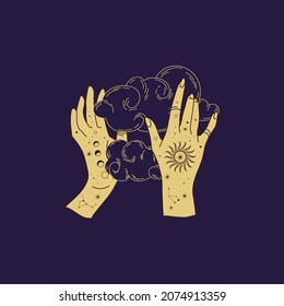 Spiritual esoteric magic logo or talisman with woman hands in silhouette style with stars, sacred geometry moon and sun. Alchemy mystic tattoo object logo template. Vector