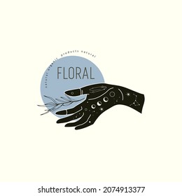 Spiritual esoteric magic logo or talisman with woman hands in silhouette style with stars, sacred geometry floral brunch. Alchemy mystic tattoo object logo