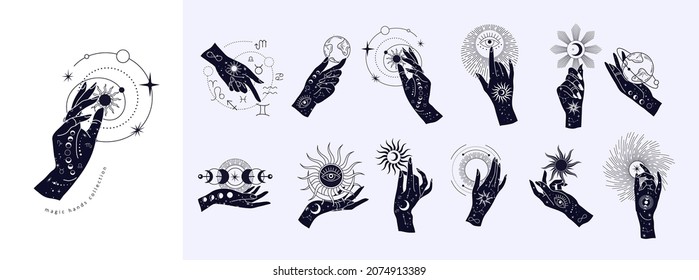 Spiritual esoteric magic logo or talisman with woman hands in silhouette style with stars, sacred geometry moon and sun. Alchemy mystic tattoo object logo template. Vector