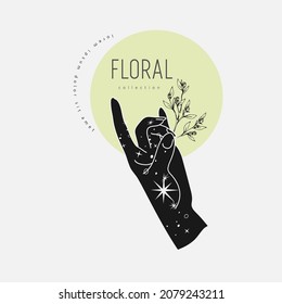 Spiritual esoteric magic logo or talisman with woman hands in silhouette style with stars, sacred geometry floral brunch. Alchemy mystic tattoo object logo