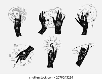 Spiritual esoteric magic logo or talisman with woman hands in silhouette style with stars, sacred geometry moon and sun. Alchemy mystic tattoo object logo template. Vector