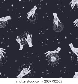Spiritual esoteric magic logo or talisman with woman hands in silhouette style with stars, sacred geometry moon and sun. Alchemy mystic tattoo object logo template. Vector