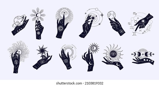 Spiritual esoteric magic logo or talisman with woman hands in silhouette style with stars, sacred geometry moon and sun. Alchemy mystic tattoo object logo template. Vector