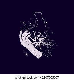 Spiritual esoteric magic logo or talisman with woman hands in silhouette style with stars, sacred geometry moon and sun. Alchemy mystic tattoo object logo template. Vector