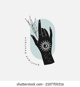 Spiritual esoteric magic logo or talisman with woman hands in silhouette style with stars, sacred geometry floral brunch. Alchemy mystic tattoo object logo