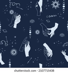 Spiritual esoteric magic logo or talisman with woman hands in silhouette style with stars, sacred geometry moon and sun. Alchemy mystic tattoo object logo template. Vector